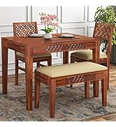 Porash Furniture Sheesham Wood 4 Seater Dining Table with 2 Cushion Chairs and 1 Bench for Living...