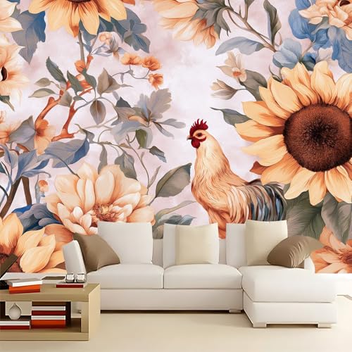 Caqui Papel pintado panorámico no tejido 300 x 210 cm Tamaño personalizado, póster mural gigante 3D, Retro Floral Pollitos Girasoles para sala de estar dormitorio o restaurante