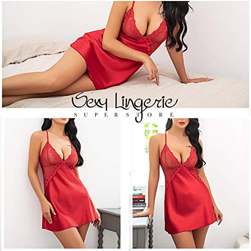 Avidlove Women Satin Nightgown Lace Babydoll Set Sexy Lingerie V Neck Teddy Strap Chemise XXL, Red
