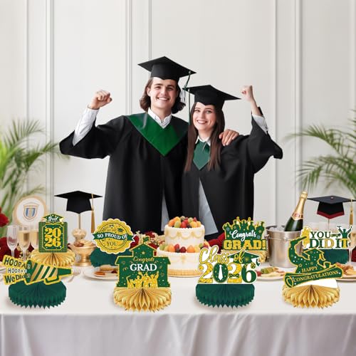 Image of 2026 Graduation Party Decorations - 8 Pcs Green Gold Class of 2026 Graduation Table Centerpieces for Tables Congratulate for 2026 Congrats Grad Party Supplies