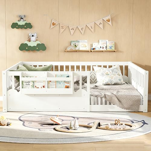 Image of Bellemave Queen Size Kids Montessori Floor Bed,Solid Wood Floor Bed Frame with Bookshelf and High Fence for Kids,Girls,Boys,White