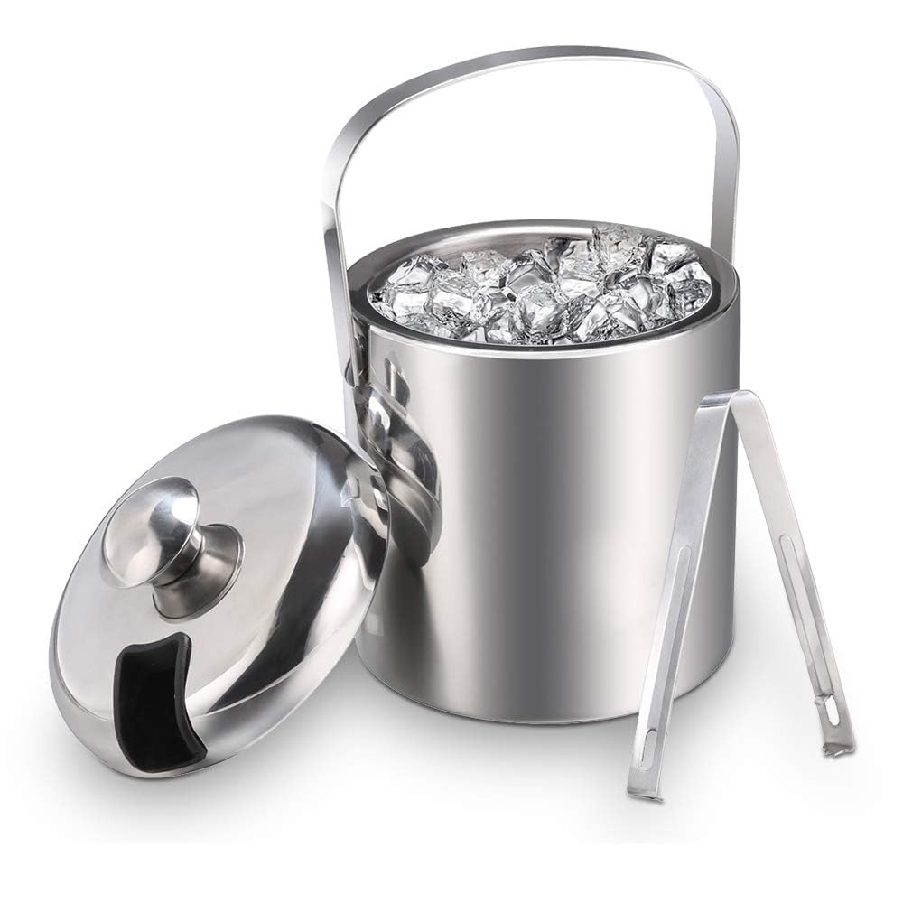 Sailnovo Mini seau à glace 1,2 L – Compact, en acier inoxydable double paroi de qualité supérieure, avec couvercle et pince à glace – Idéal pour cocktails, bar personnel et petites réceptions – Argent