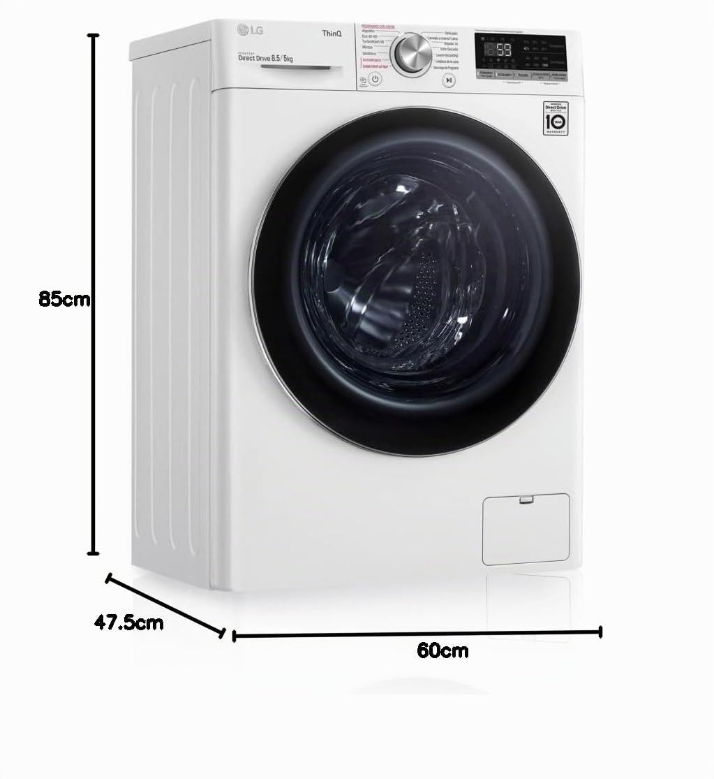 LG F2DV5S85S2W Lavadora secadora, Carga frontal, 1400RPM, Inteligencia artificial, Blanco, 8.5/5 kg