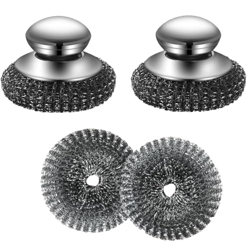 Image of 4Pcs Steel Wool Scrubber,Stainless Steel Scrubber,Metal Scrubber,Steel Scrubber for Dishes,Stainless Steel Wool Scrubber with Handle, for CleaningKitchen Pots, Pans, Stove Sinks,(2 Scrubber+2 Pads)