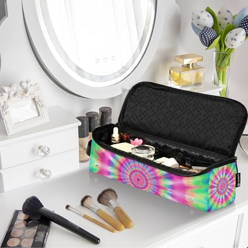 Bolsa para herramientas de cabello para mujeres con almohadilla resistente al calor, estuche doble capa para planchas de pelo, rizadores, patrón tie-dye arcoíris rosa y azul miniatura 7
