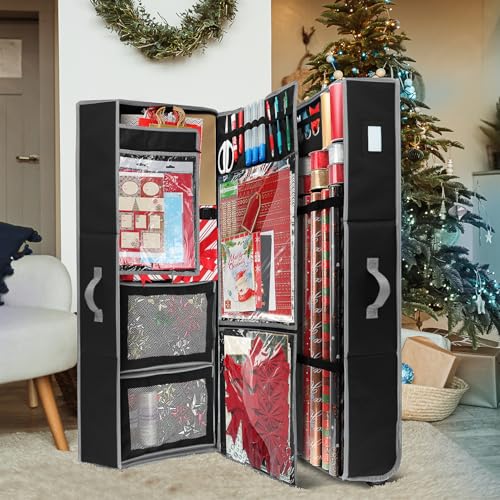 Image of Hearth & Harbor Holiday Storage with Extra 2 PC of Christmas Storage Bins and Ribbon Storage Organizer - Fade Resistant Wrapping Paper Storage Containers with Wheels Fits Up to 30 Rolls of 40 inch Length