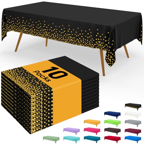 Image of Smiry Disposable Table Cloth - 10 Pack, 54 x 108 Inch Waterproof Rectangle Tablecloths for Parties, Decorative Plastic Table Cover, Leakproof & Sturdy, Black & Gold