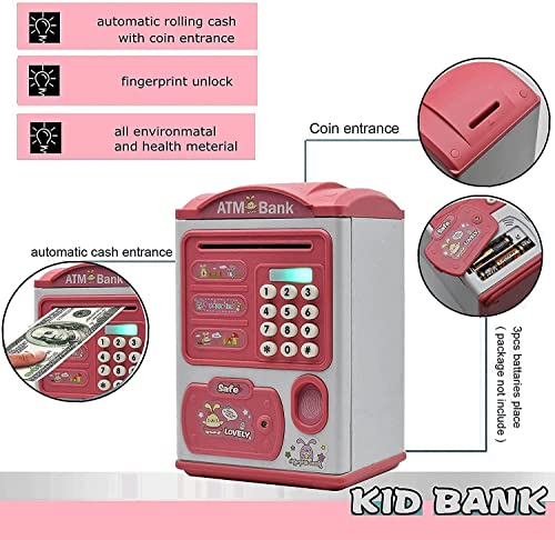 Image of Electric ATM Piggy Bank for Kids with Password and Finger Sensor - Pink