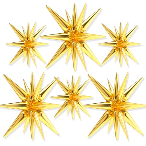 PartyWoo Metallic Gold Star Foil Balloons 6pcs Different Sizes Pack of 27 22 Inch Explosion Spike Mylar Balloons for Graduation Wedding Anniversary Bachelorette Engagement Birthday Party Decorations