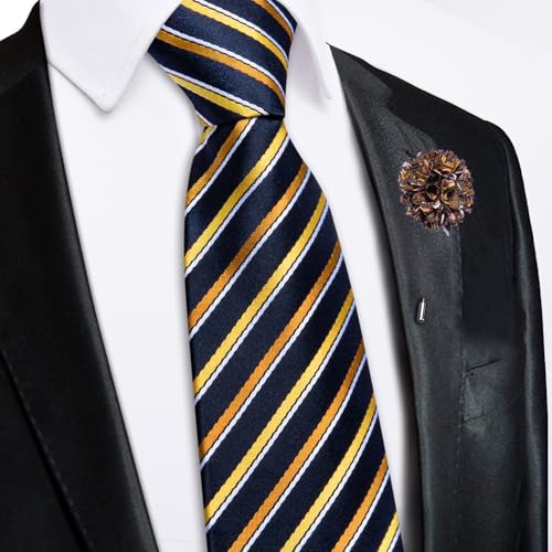 Image of Hi-Tie Zipper Ties for Men Navy Gold Striped Pre-tied Tie Set Lapel Pin Pocket Square and Cufflinks Formal Business Wedding Adjustable Necktie