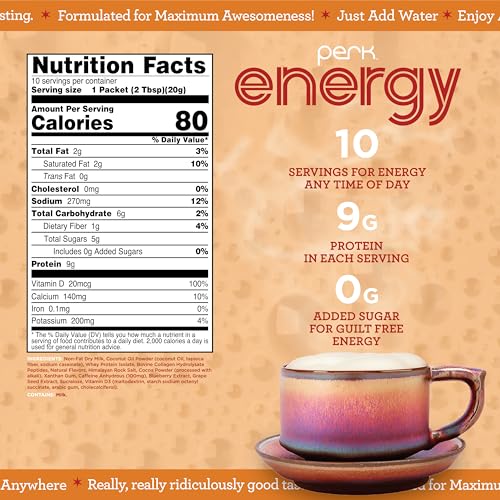 Perk Energy Original Vanilla Caramel Steamer Flavored Drink Powder (10 Servings Stickpack) - Gluten-Free, Peanut-Free, Soy-Free