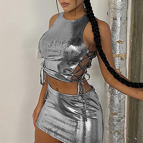 Women Liquid Metallic 2 Piece Outfits Side Criss Cross Lace-up Tank Crop Top Shiny Bodycon Mini Skirt Set2