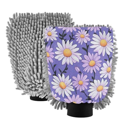 Flradish 2 Pack Daisy Pattern Car Wash Mitt Chenille Microfiber Lint-Free Scratch Free Ultra-Soft Absorbent Car Wash Mitt 10.2x7.09 Inch