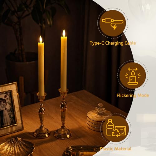 Image of Rechargeable Flameless Timer Remote Taper Candles, 2pcs 0.86 inch x10 inch LED Flickering Dripping Wax Window Tall Fake Ivory Plastic Candlesticks(USB Charging Cable Included)