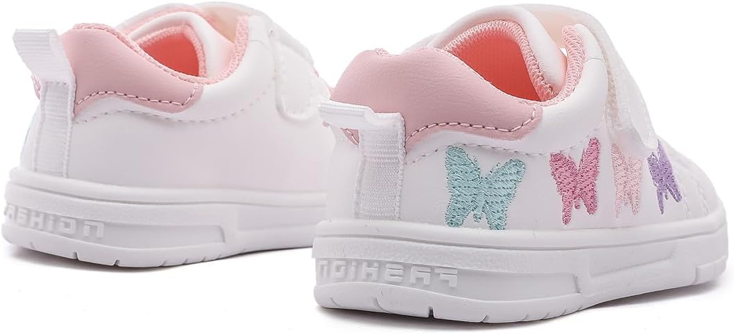 Toddler Girls Sneakers Lightweight Breathable Baby Walking Shoes with Adjustable Strap Non-Slip Soft Sole Kids First Walkers for Toddler/Little Kid Butterfly Embroidery