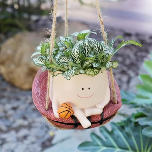 Image of Hanging Swing Face Planter | Cute Resin Pot with Basketball Design | Indoor Outdoor Decorative Basket Planter for Balcony, Garden, Home, Office | No Plants or Floral Included