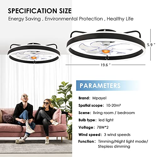 Mpayel Low Profile Ceiling Fans With Lights, Remote - Flush Mount, 20" Modern Bladeless, Enclosed Small Black Fan With Dimming For Bedroom…… #TOP3