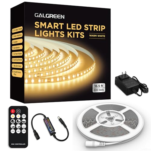 Image of Warm White LED Strip Lights, 16.4ft Smart LED Light Strip 3500K with Dimmable Remote & Adapter, Strong Adhesive, 600 LEDs Flexible Tape Lights for Vantiy Mirror, Kitchen Cabinet, Bedroom