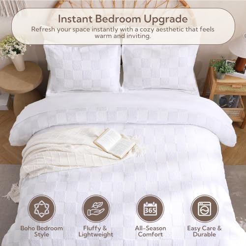 Image of MR&HM 7 Pieces Comforter Set Full, Checkered Boho Tufted Bed Set White | Farmhouse Vintage Bed with Plaid Geometric Design, All-Season Bed in A Bag Comforter with Sheets, Pillow Shams & Pillowcases