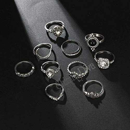 Boho Midi Finger Oxidized Crystal Ring Set of 10