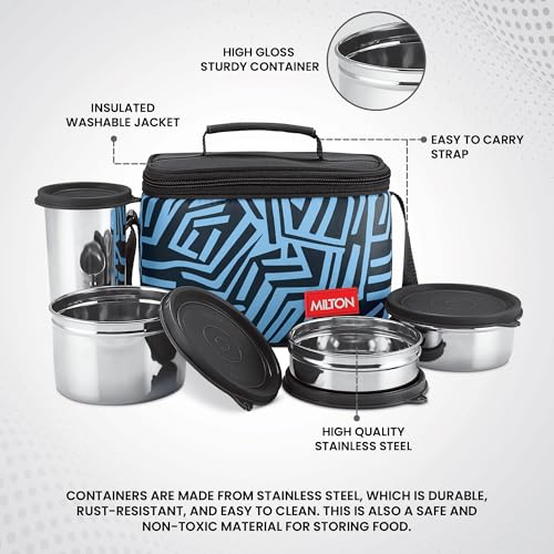 Image of MILTON Delicious Lunch Box with Insulated Fabric Jacket, 3 Stainless Steel Containers 210 ml, 340 ml, 500 ml &Tumbler 380 ml, Leak-Proof Tiffin for Office, College, Picnic, Black