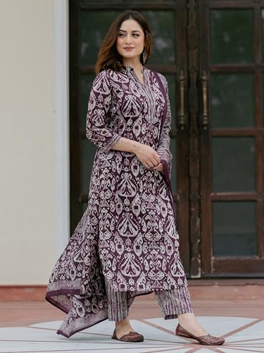 Image of Arayna Women's 100% Pure Cotton Ikat Printed Ethnic Straight Kurta Pant and Dupatta Set for Women