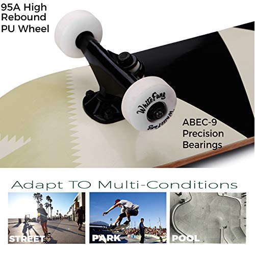 Image of WhiteFang Skateboards for Beginners, Complete Skateboard 31 x 7.88, 7 Layer Canadian Maple Double Kick Concave Standard and Tricks Skateboards for Kids and Beginners