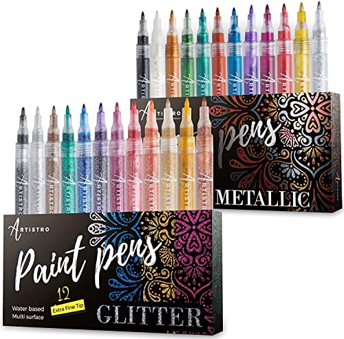 Artistro 12 Metallic Paint Pens Extra Fine Tip And 12 Acrylic Glitter Paint Markers Extra Fine Tip, Bundle For Rock Painting, Wood, Fabric, Card, Paper, Photo Album, Ceramic & Glass #TOP27