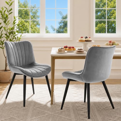 Hellove Lot de 2 Chaises de Salle à Manger Velours Gris – Chaise Scandinave Moderne sans Accoudoir, Chaise de Cuisine Confortable, Chaise Rembourrée pour...