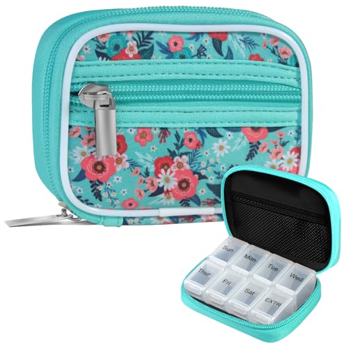 Image of Pill Case Weekly Travel Pill Organizer for Purse with Removable 7 Day Pill Box Premium Neoprene Pill Container for Travel Purse Accessory, Vitamin, Supplement, Small Pieces Arrangement-Green