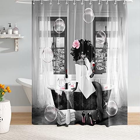 TYAKASHA Shower Curtain African American Woman Afro Lady withl Bubble Pink Rose High Heels 72x72 Inches Waterproof Fabric Polyester with 12 Hooks for Bathroom Decor Cover