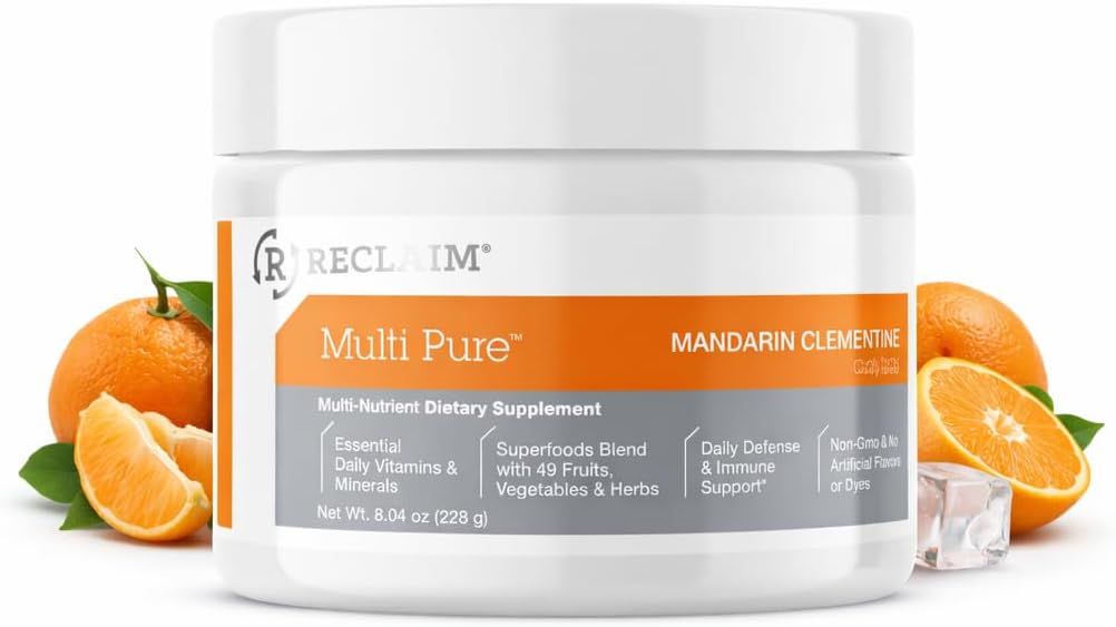 Reclaim Multi Pure Mandarin Clementine Immune Support, Vitamin C, Vitamin B Complex, Probiotic, Superfood Powder, Calcium, Magnesium Oxide, (30 Servings) (Mandarin Clementine)