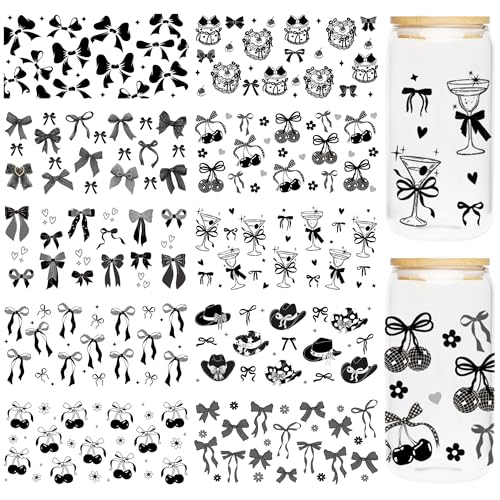 Bow UV DTF Cup Wraps - 10 Sheet Black Bow UV DTF Transfer, Conquette Cup Wraps for 16 oz Glass, Waterproof Transfer Sticker, DIY Crafts for Bridal Shower Birthday