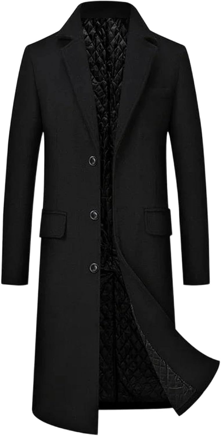 Men's Winter Wool Blend Jacket Woolen Overcoat X-Long Thick Trench Coat Over-The-Knee Stylish Outerwear