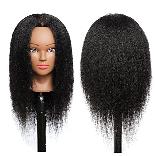 Mannequin Head with Hair 14 Inch 100% Real Hair Mannequin Head Braiding Mannequin Head Manikin Head for Cosmetology Black Mannequin Head with Free Stand(C-L14)