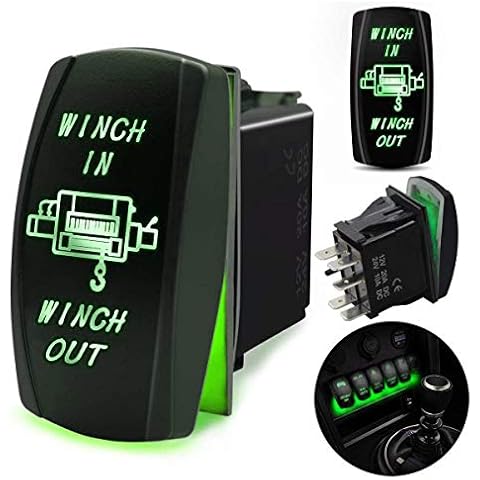 FABOOD F 7 Pin Winch in/Out Momentary Toggle Rocker Switch Laser ON-Off-ON LED Backlit Green Light 20A 12V for Auto Automotive Motorcycle Truck Boat Marine Off-Road ATV Replace Kit (with Jumper Wire) Cover
