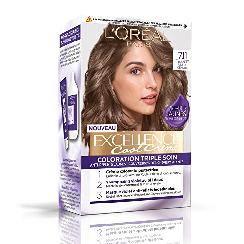 L'ORÉAL PARIS - Tinte permanente de triple cuidado, antiamarilleo, cubre el cabello 100% blanco – Excellence Cool Cream – Nuance: rubio ceniza (7.11)