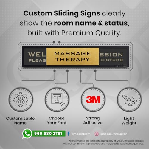 Image of inchMASSAGE THERAPY WELCOME PLEASE KNOCK / IN SESSION DO NOT DISTURB inch SMEDOR Professional sliding sign board �- on-door signboard- Customisable name plate display with in /out status - information letter board - custom sliding signs