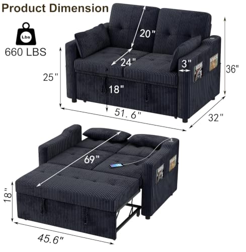 Image of 51.6 inch 3-in-1 Convertible Sleeper Sofa Bed, Pull Out Loveseat Couch with 5-Position Adjustable Backrest, USB & Type-C Ports, Side Storage Pockets, Corduroy Sofa Bed for Small Spaces