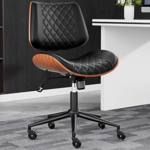 Image of Armless Office Chair with Silent Rubber Wheels, Mid Century Modern Small Desk Chair, No Arms Leather Computer Chair for Home Office, Swivel Vanity Chair, Rolling, Adjustable Height (Black)