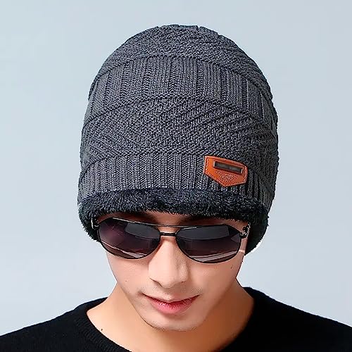 Gorro masculino de tricô de inverno com forro de lã grossa felpudo