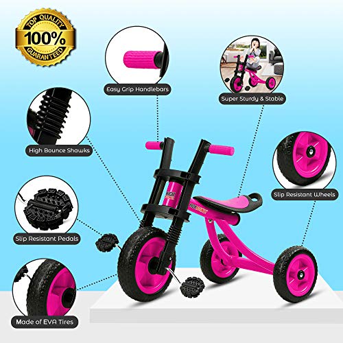 High Bounce Kids Tricycle - Extra Tall 3 Wheel Kids Trike, for Toddlers and Kids Ages 3-6 Adjustable Seat Tricycles, Soft Rubber Handle (Pink)