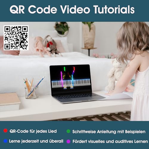 QMG Farbige Klavier- und Keyboard-Aufkleber und vollständige Klavierlektionen mit farbigen Noten und Leitfaden für Kinder und Anfänger Durchsichtig