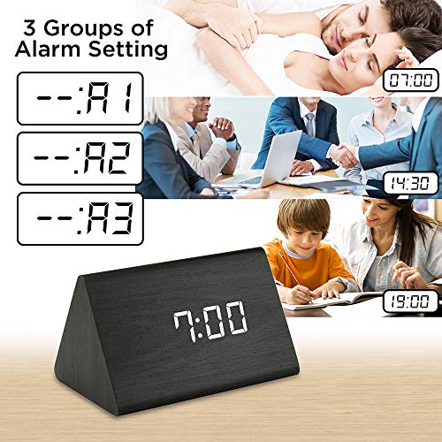 OCT17 Wooden Wood Clock , 2020 New Version LED Alarm Digital Desk Clock Adjustable Brightness, Alarm Time, Displays Time Date Temperature - Black (White Light)