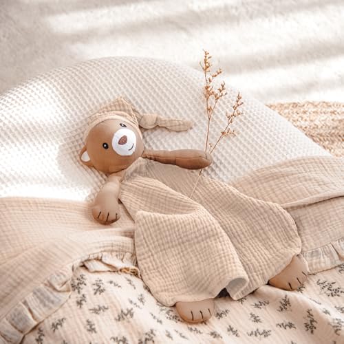 Image of lulumoon Muslin Bear Lovey for Babies: Skin-Friendly Security Blanket for Self-Soothe - Newborn Gift for Baby Shower