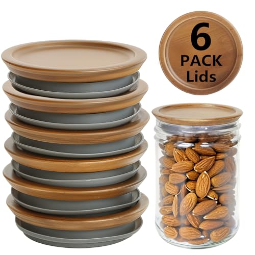 6 Pcs Mason Jar Lids, Regular Mouth Jar Lids Made Of Acacia Wood, Wooden Lids for Mason Jars With Airtight Silicone Seal, For Storing Items(Brown, Excluding Jars)