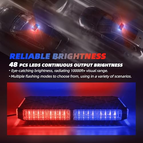 Image of 12 Inch Roof Top Strobe Lights /Magnetic Base, Mini LED Flashing Traffic Light Bar for Plow Tractors, Tow Trucks, Pickups, Roadside Assistance Vehicles (Red /Blue)