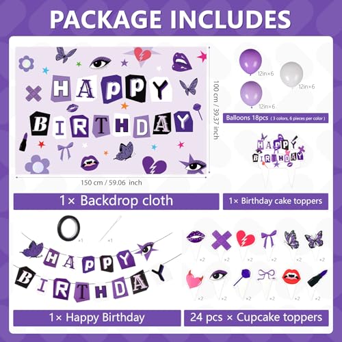 Image of Grencian Purple Birthday Decorations for Women Girls Happy Birthday Backdrop Banner Balloons Cake Toppers for Music Fans Gathering Themed Celebrations Purple Party Supplies
