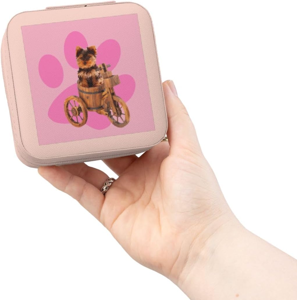 3dRose Teacup yorkie on bike. Pink paw. Puppy, animal. Jewelry Travel Case Pink