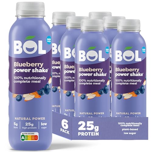 BOL Blueberry Power Shake - Ready-to-Drink Nutritionally Complete Meal (300kcal) - 25g High Protein Shake - Low Sugar, Plant-based, High Fibre (9g) - Low Calorie Meal Replacement (410ml x 6 Bottles)